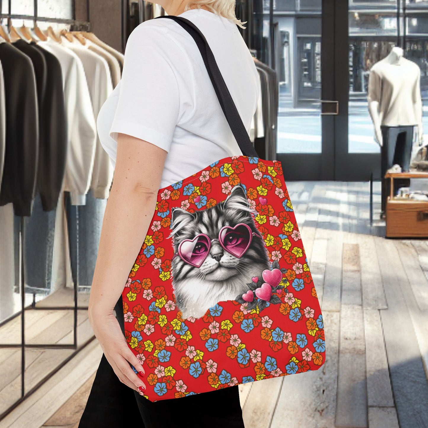 Kitty Ride Tote Bag with Flowered Red Design