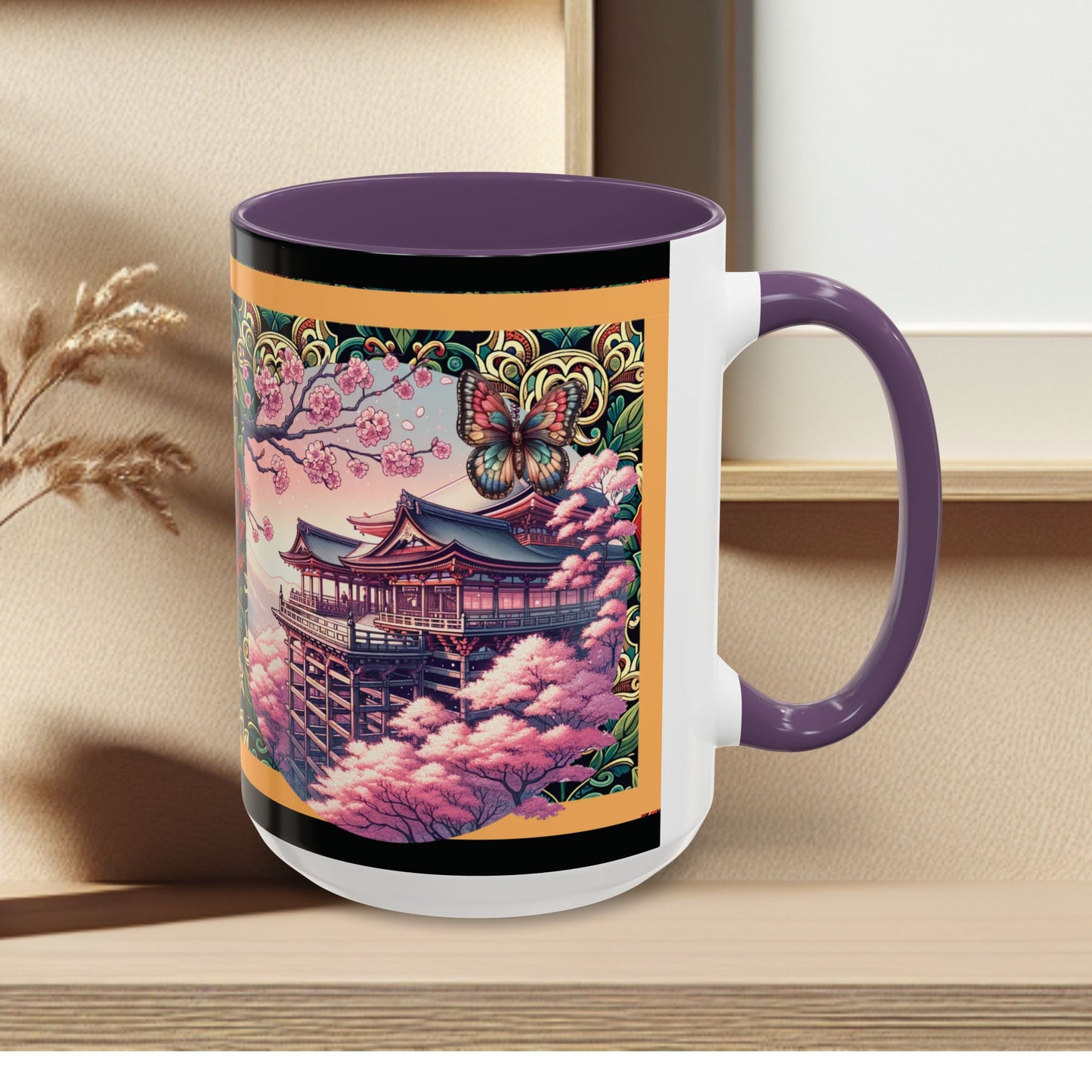Mug - Sakura Butterfly Coffee Mug with Cherry Blossoms and a Rose