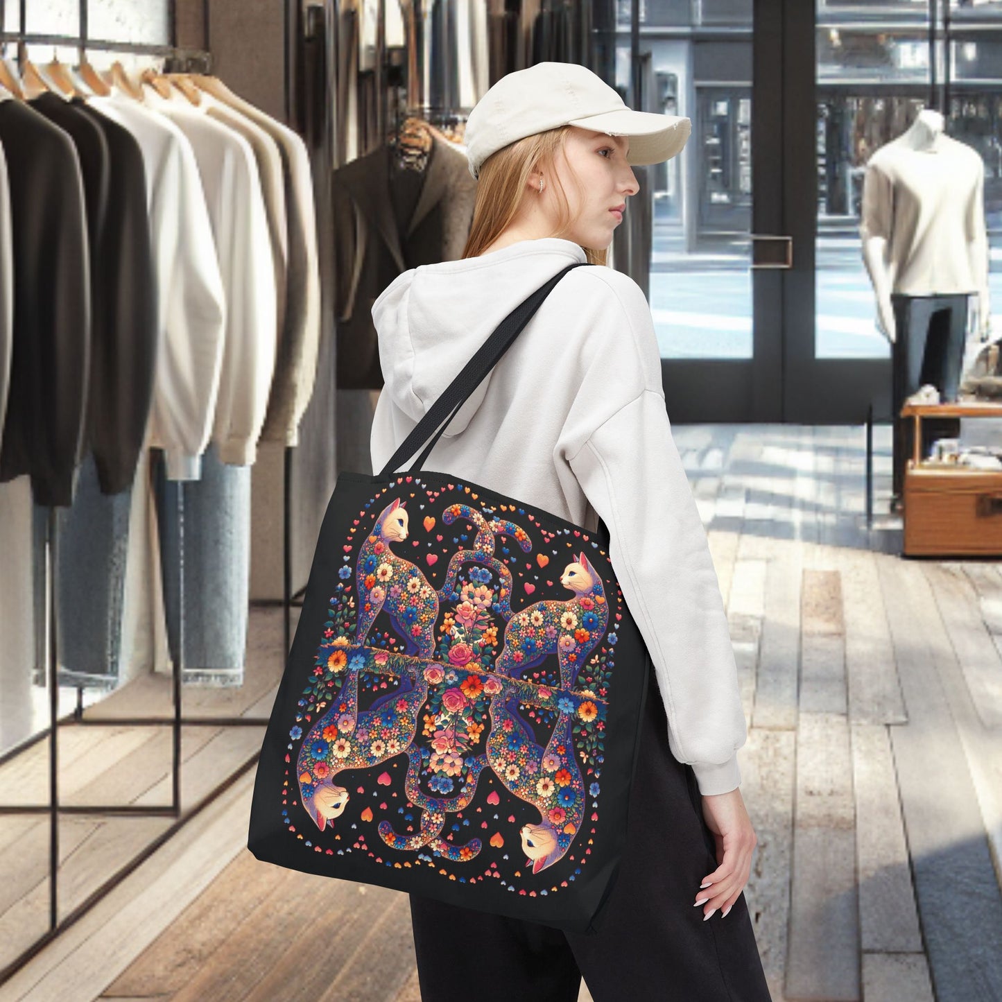 Mosaic Loving Cat Black Tote Bag (AOP)
