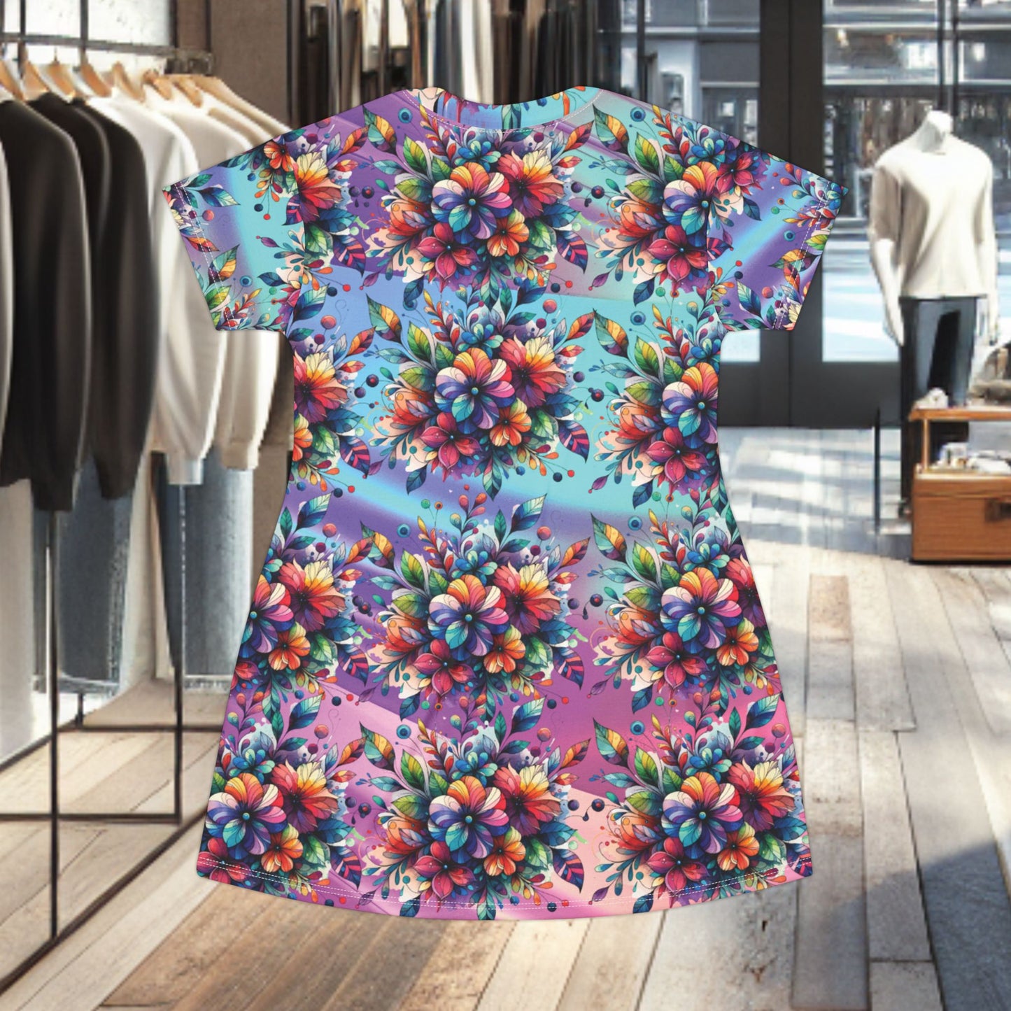 Floral Burst All-Over Print T-Shirt Dress — Colorful Boho Garden Vibe