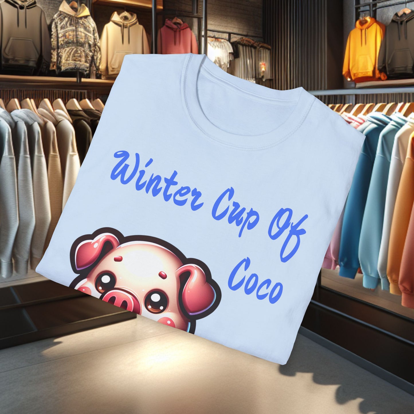 Pig Sipping on a Cup Of Coco Unisex T-Shirt - Winter Coco
