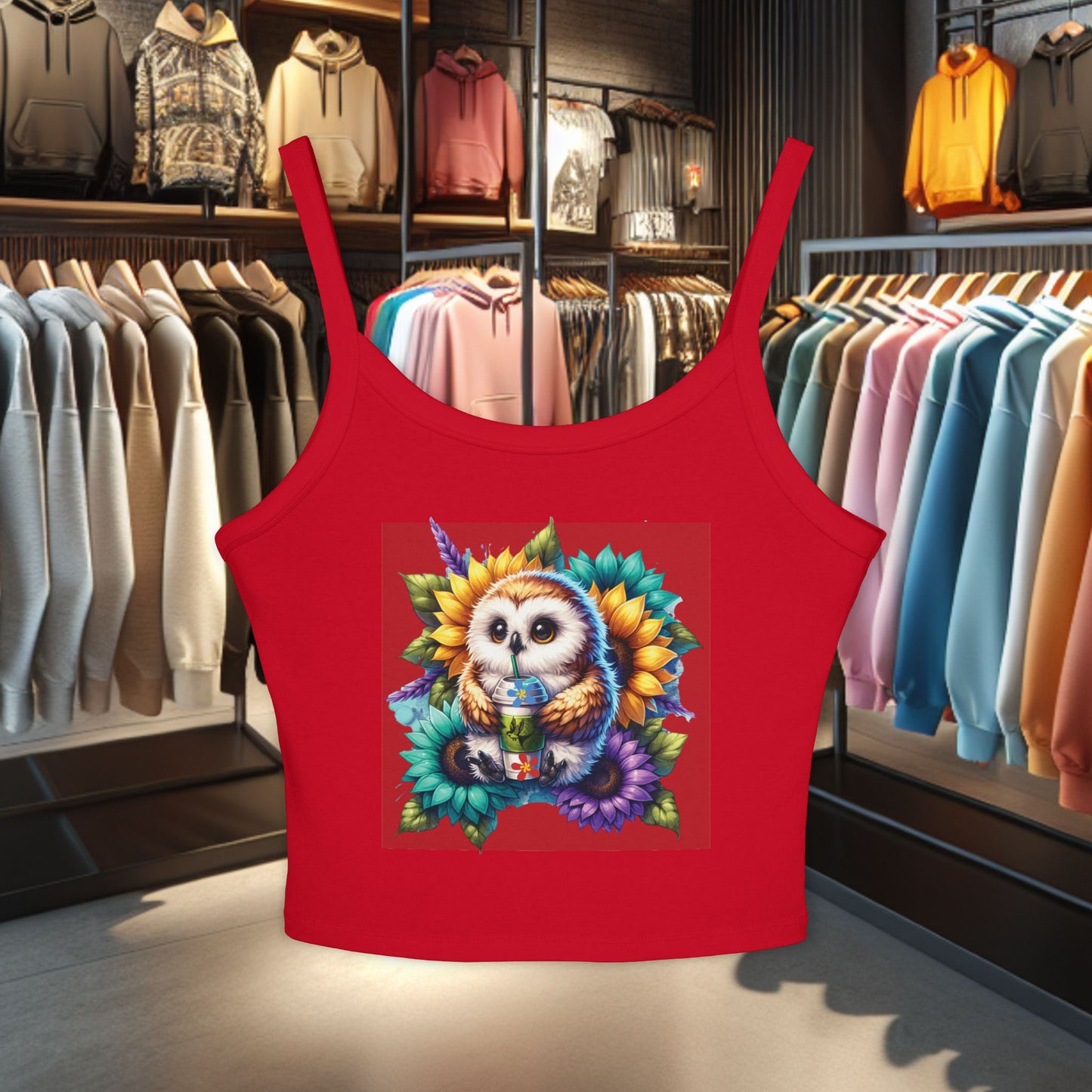 Owl With a Water Bottle Floral Tank Top - Women's Spaghetti Strap
