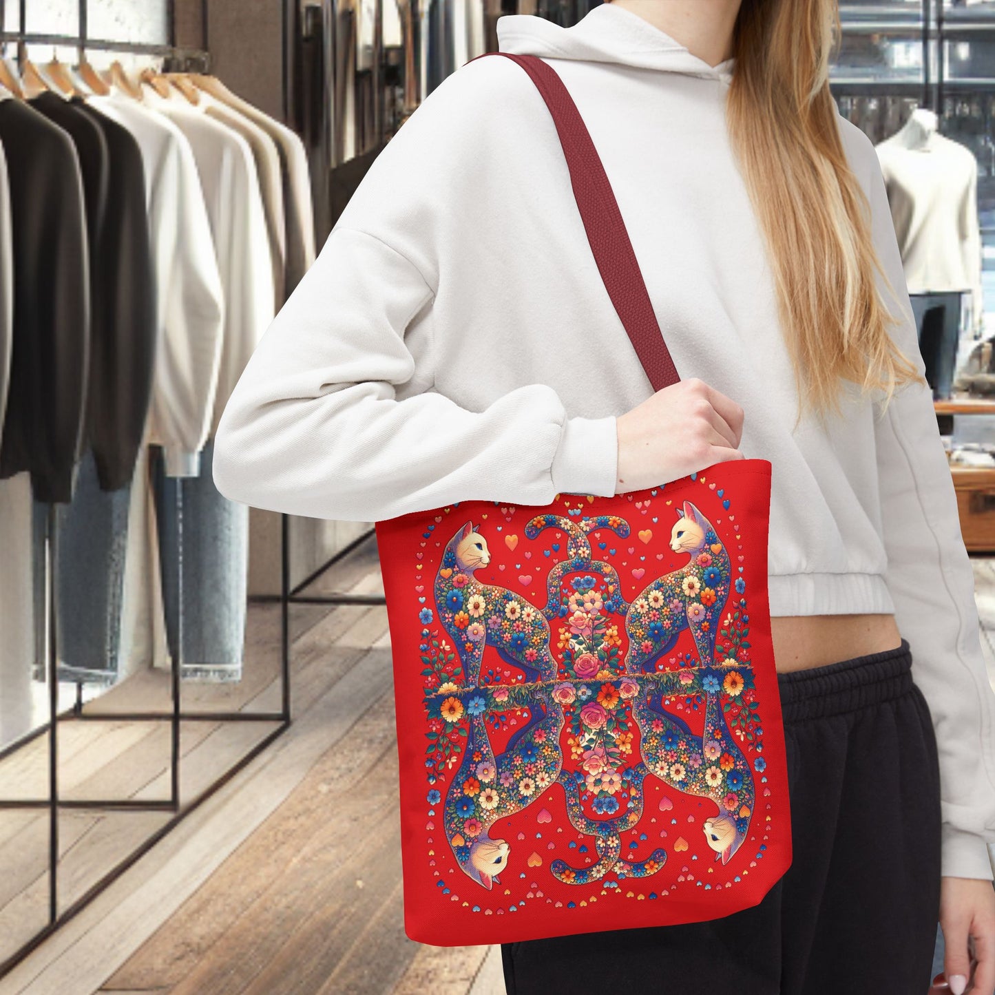 Loving Cat Flower Mozaic Tote Bag Dark Red