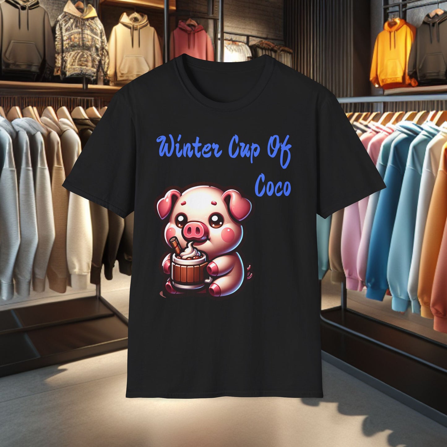 Pig Sipping on a Cup Of Coco Unisex T-Shirt - Winter Coco