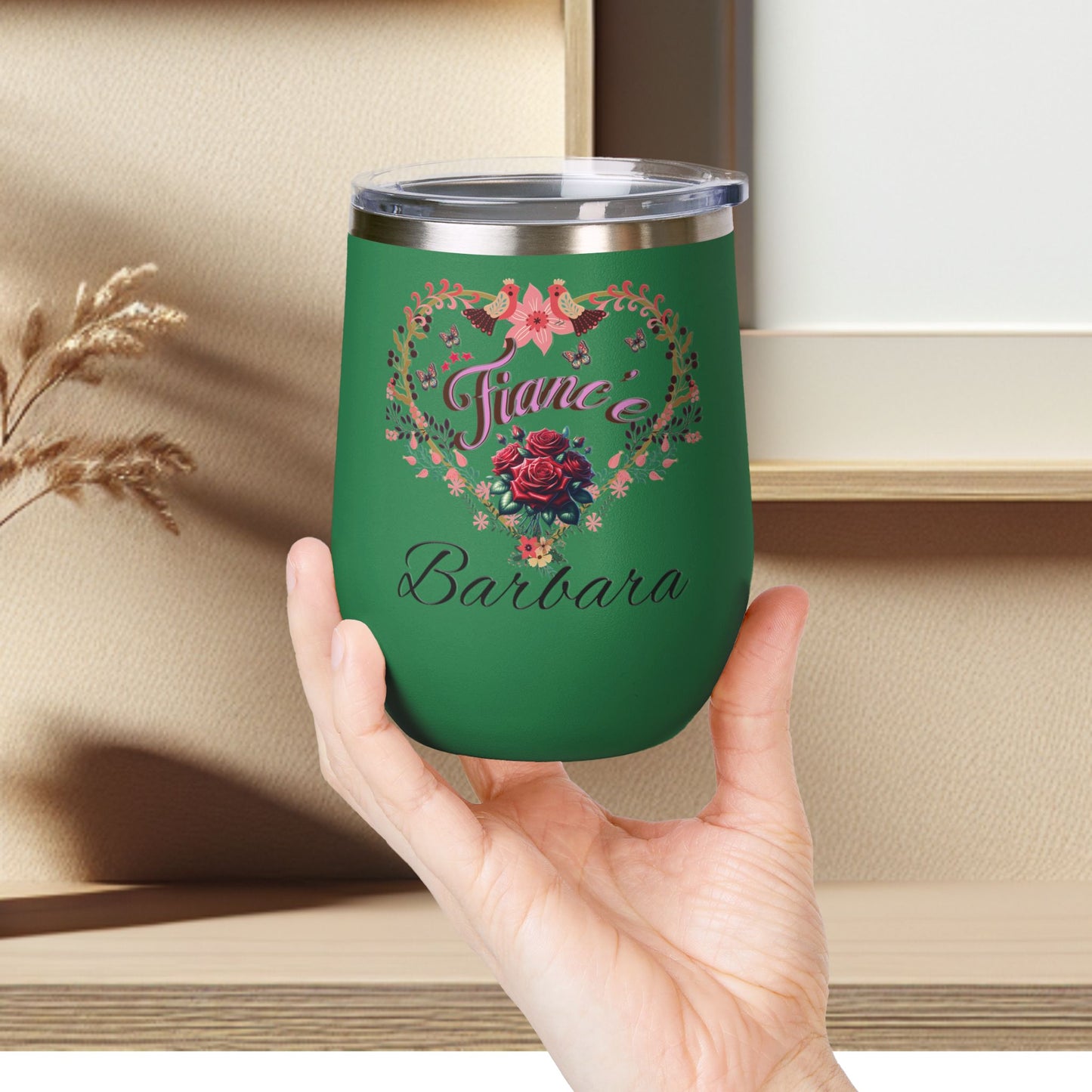 Personalized Fiancé’s Wine Tumbler - 12oz Floral Heart Design