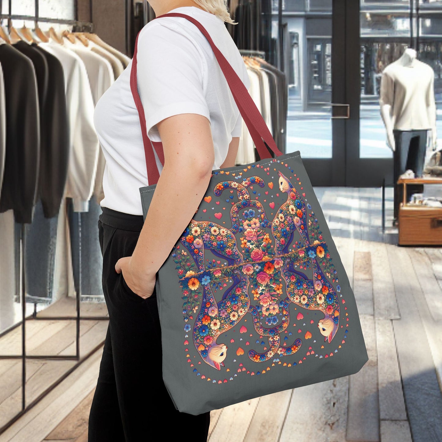 Mosaic Loving Cat Dark Gray Tote Bag (AOP)