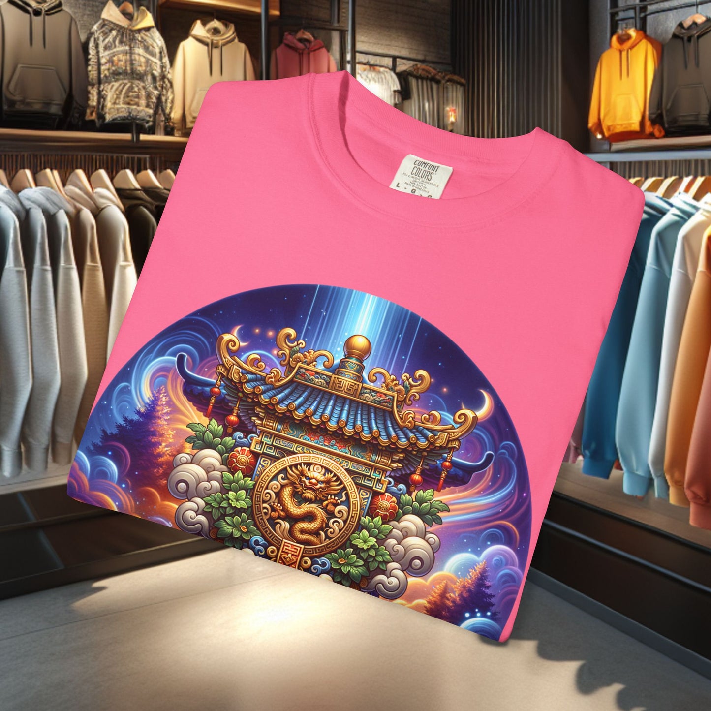 A Vibrant Mistic Temple Design -Unisex Garment-Dyed T-Shirt Perfect for Festivals & Everyday Wear