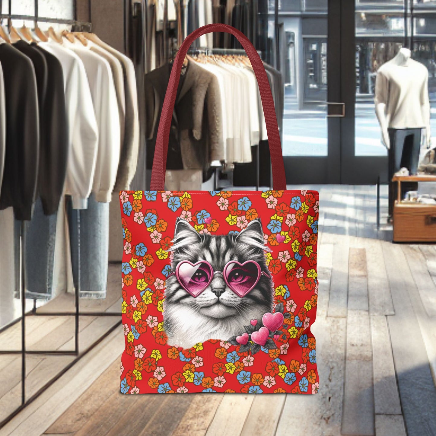 Kitty Ride Tote Bag with Flowered Red Design