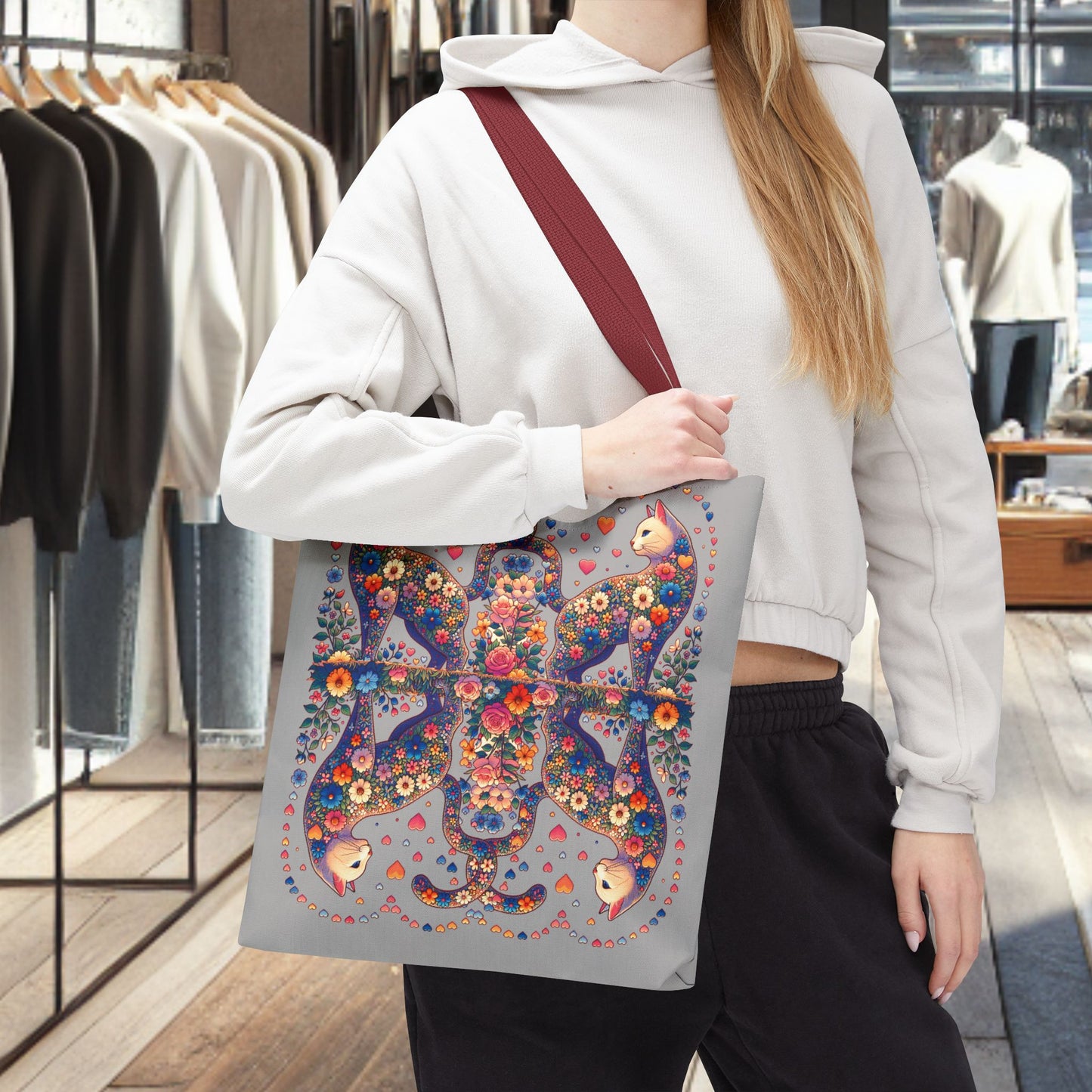 Mosaic Loving Cat Light Gray Tote Bag (AOP)