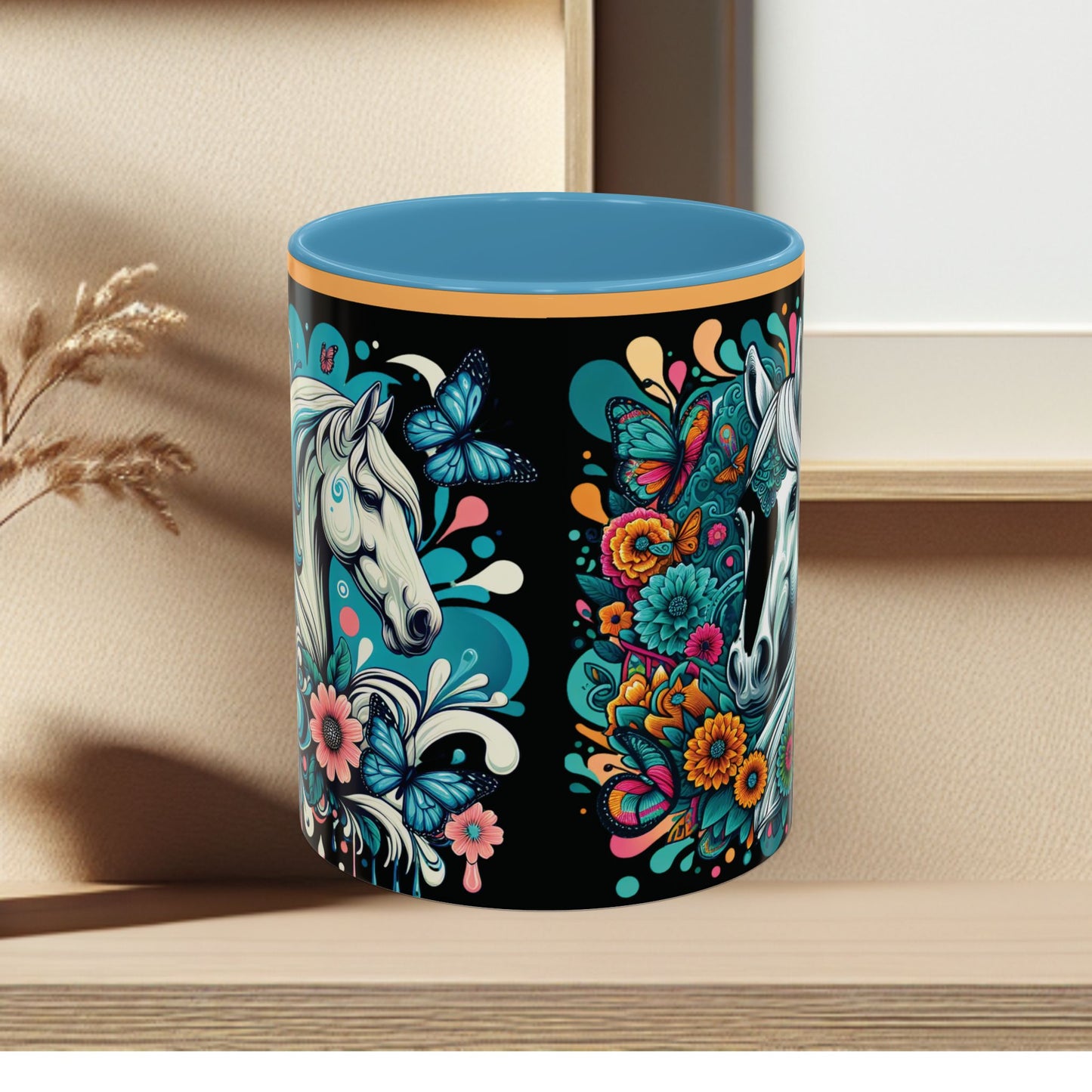 Coffee Mug White Horses with Blue Highlights in Flowers - Mug