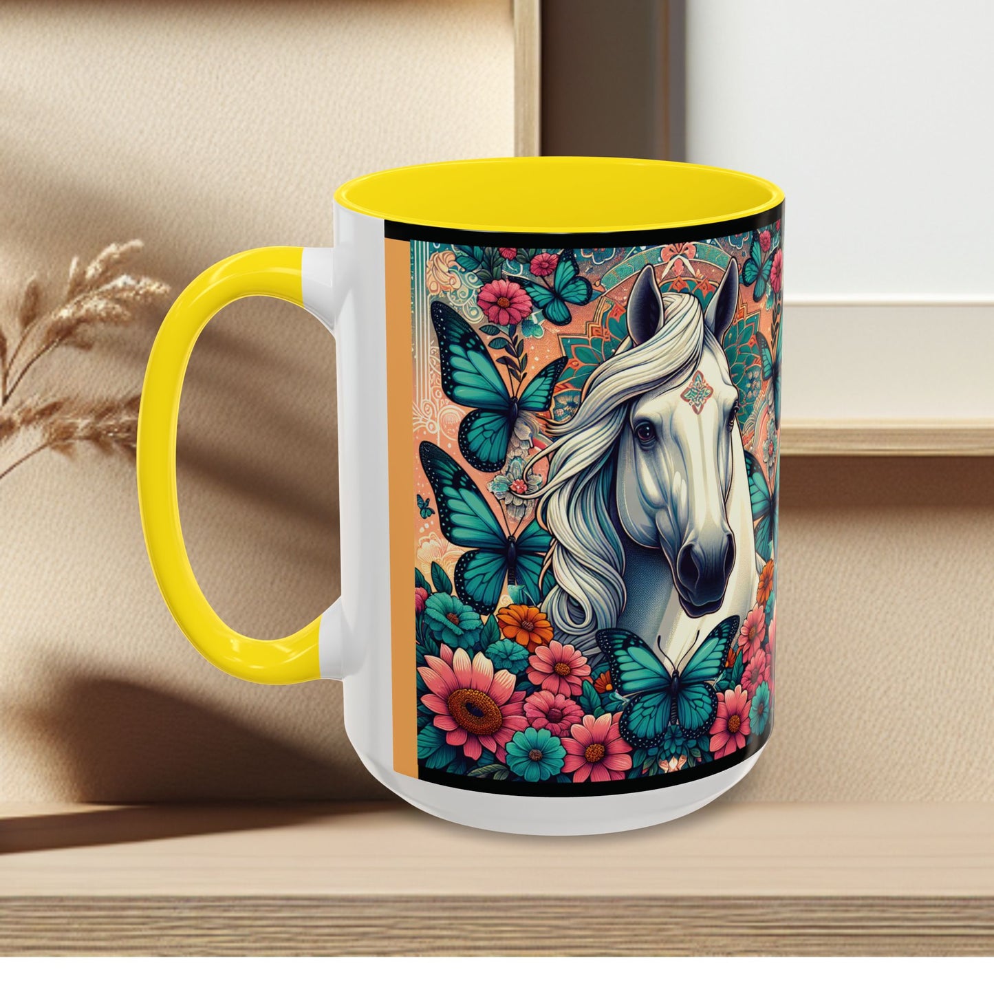 Coffee Mug Horses, Flowers, and Butterflies Mug