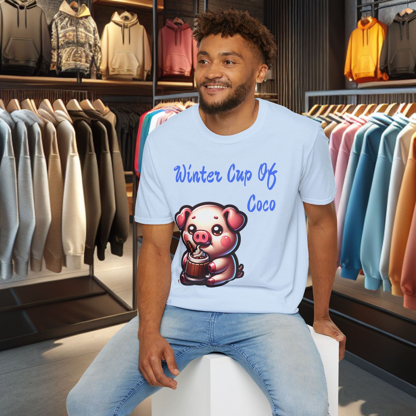 Pig Sipping on a Cup Of Coco Unisex T-Shirt - Winter Coco
