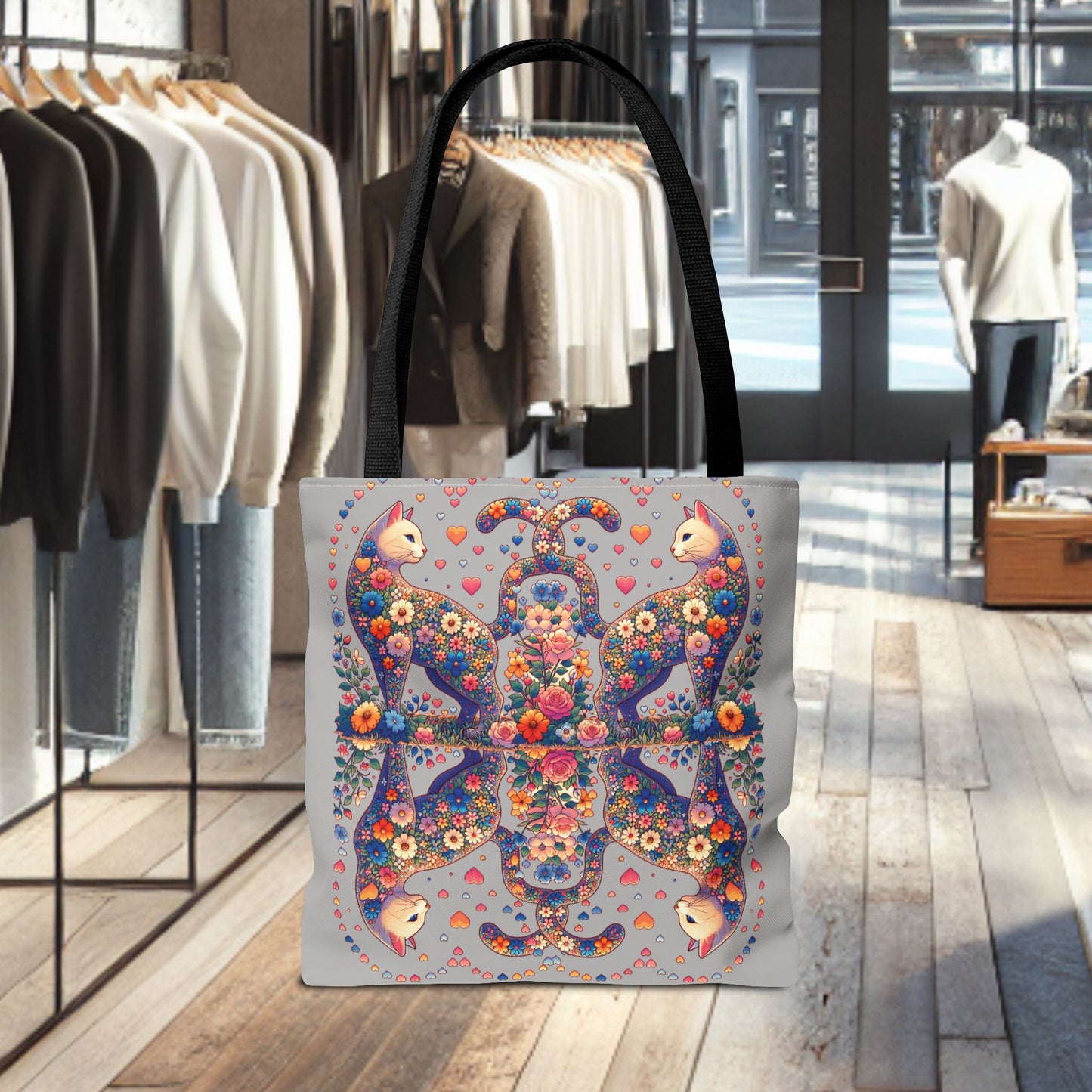 Mosaic Loving Cat Light Gray Tote Bag (AOP)