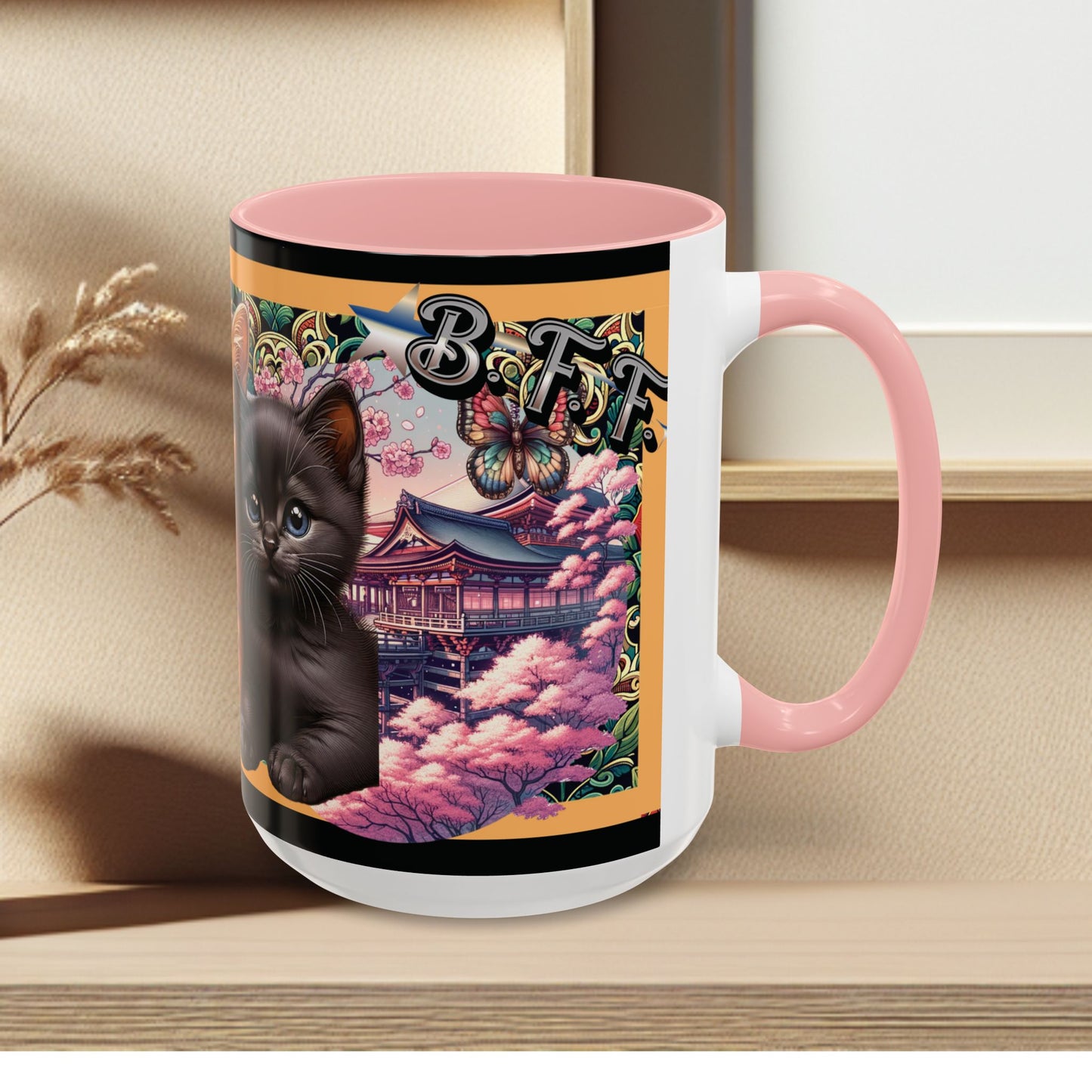 Mug - 3 B F F kittens and Butterflies Coffee Mug with Cherry Blossoms