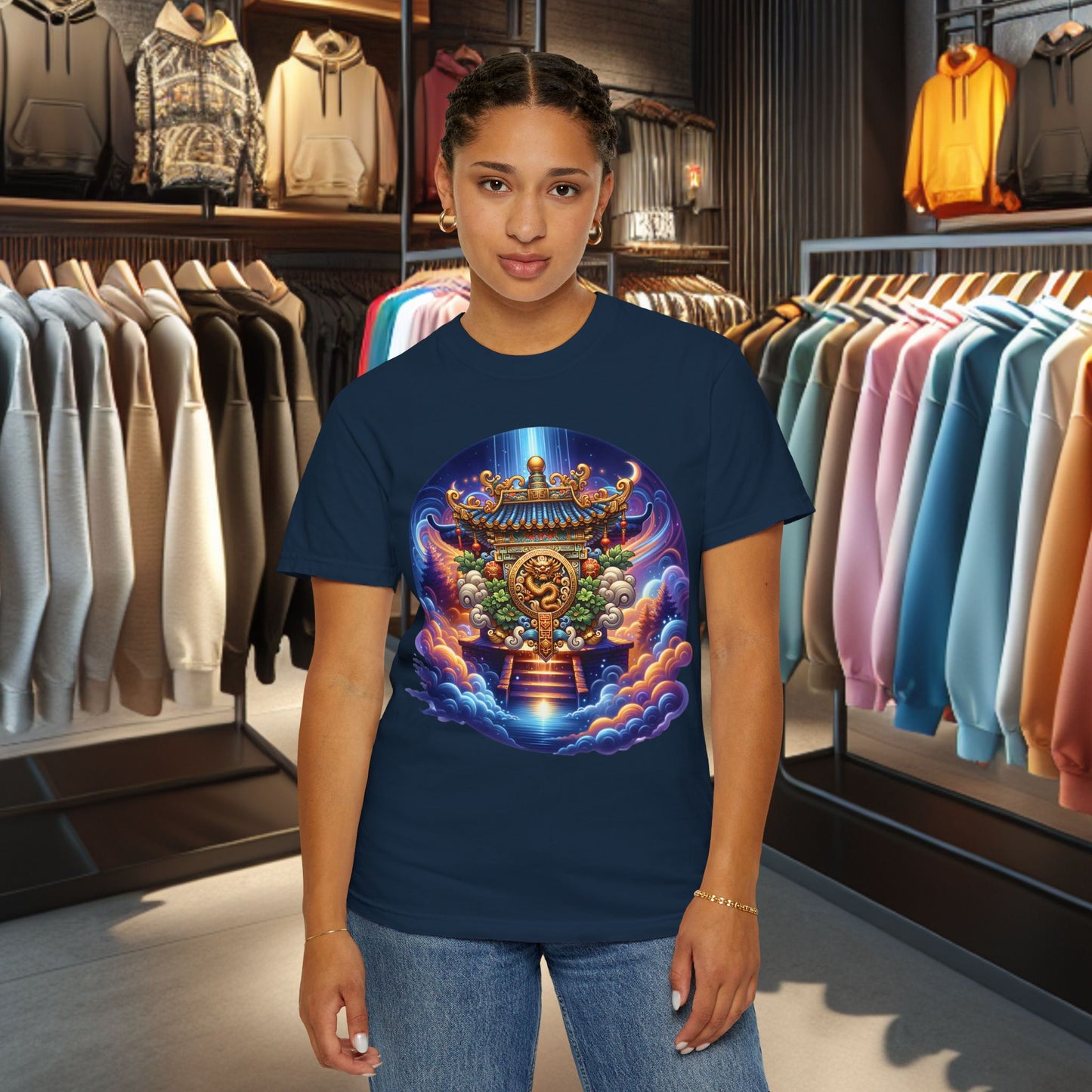 A Vibrant Mistic Temple Design -Unisex Garment-Dyed T-Shirt Perfect for Festivals & Everyday Wear