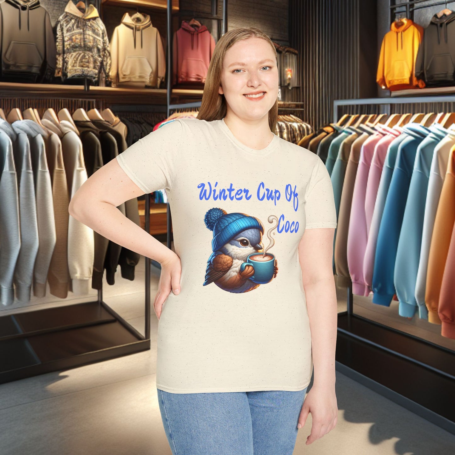 Blue Bird With a Cup Of Coco Unisex T-Shirt - Winter Coco