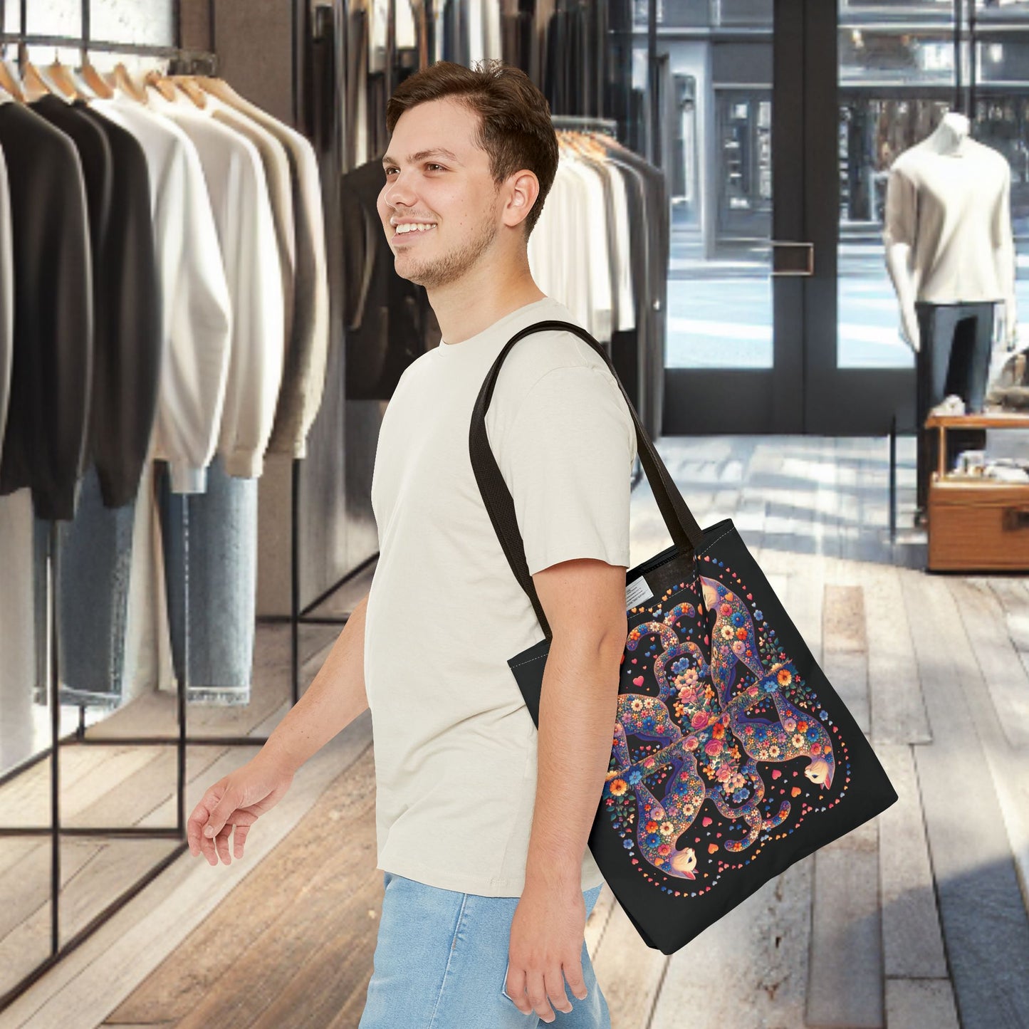 Mosaic Loving Cat Black Tote Bag (AOP)