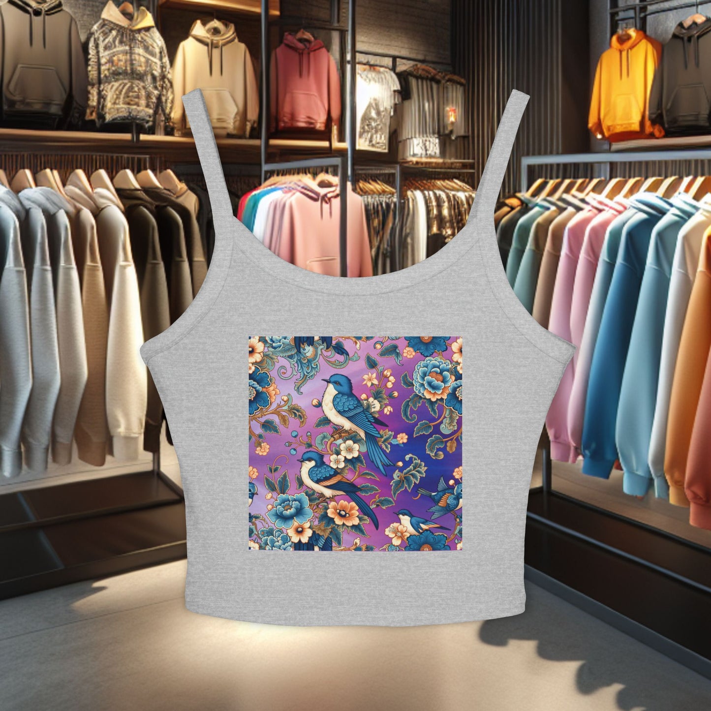 Tank Top Blue Birds in a Flower Garden Women's Spaghetti Strap