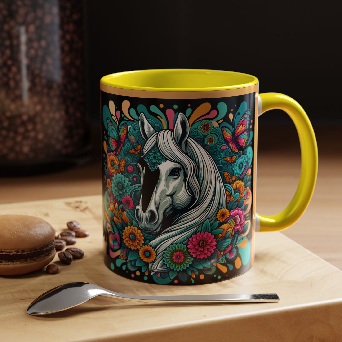 Coffee Mug White Horses with Blue Highlights in Flowers - Mug