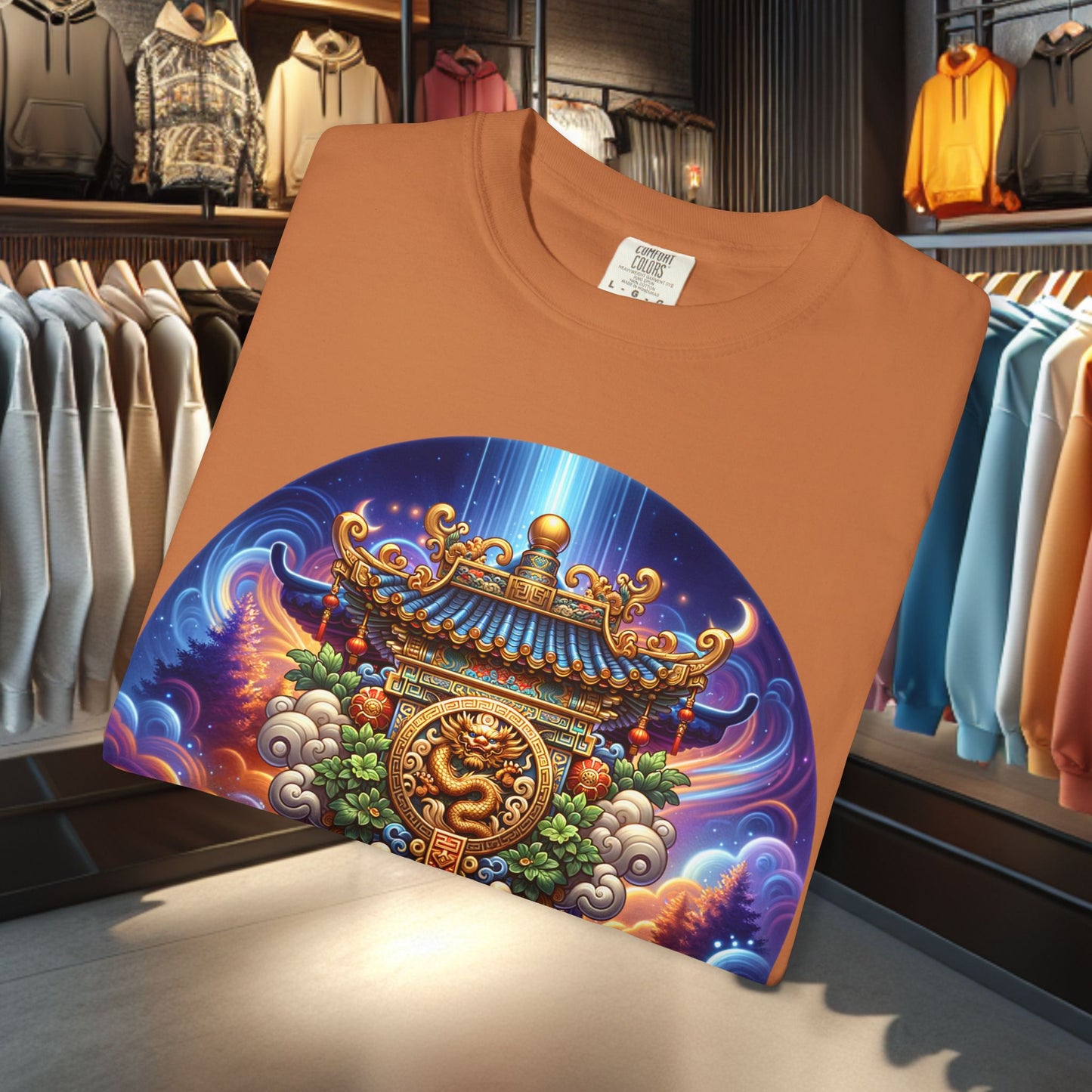 A Vibrant Mistic Temple Design -Unisex Garment-Dyed T-Shirt Perfect for Festivals & Everyday Wear