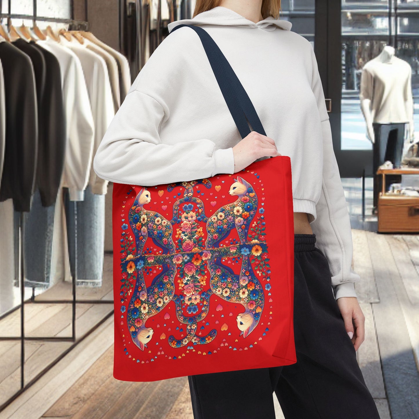 Loving Cat Flower Mozaic Tote Bag Dark Red