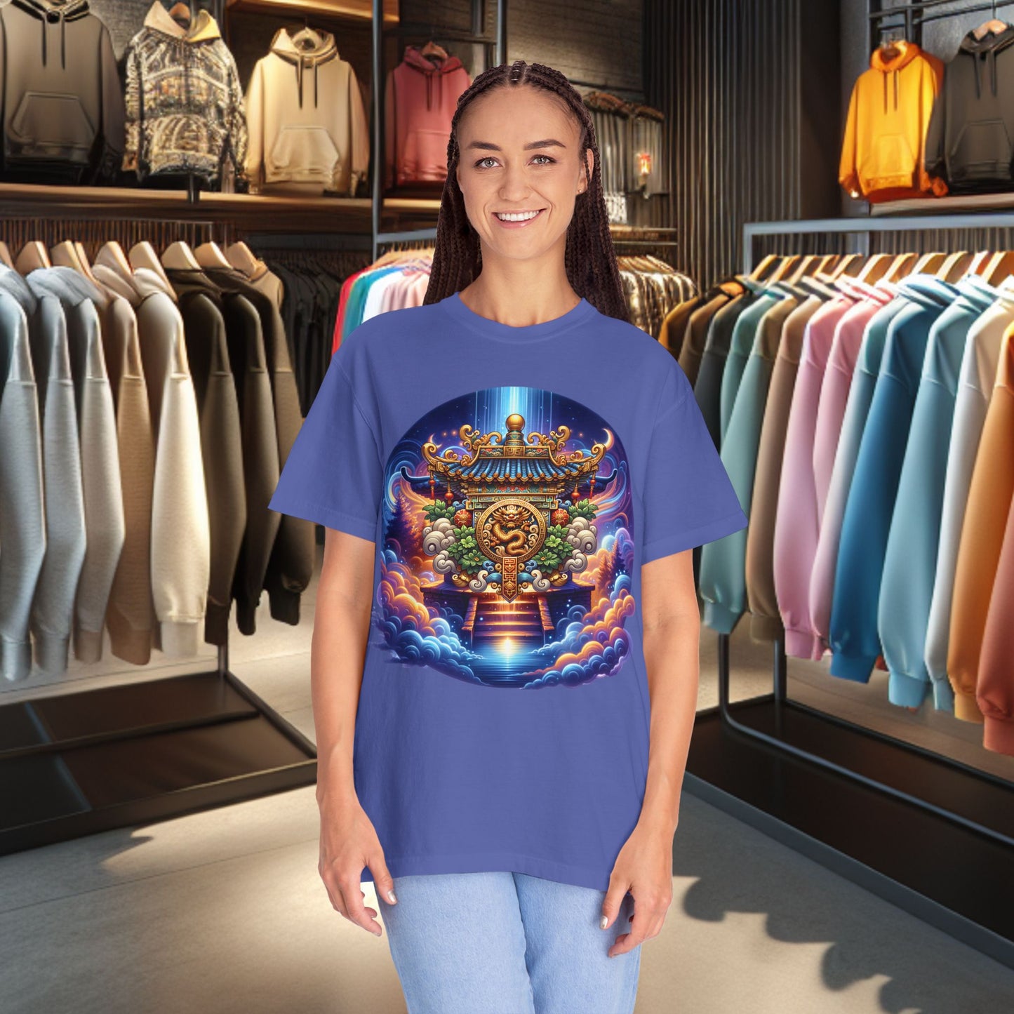 A Vibrant Mistic Temple Design -Unisex Garment-Dyed T-Shirt Perfect for Festivals & Everyday Wear