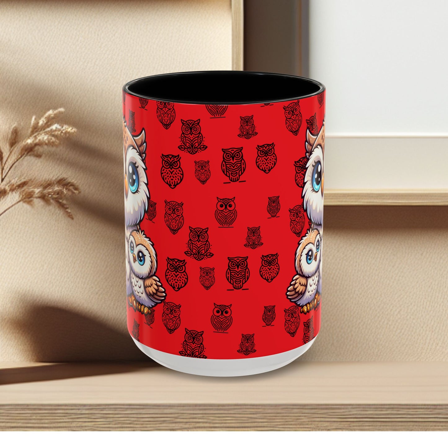 Red Coffee Mug - Owl Family - Colorful Inspirational Owl Design