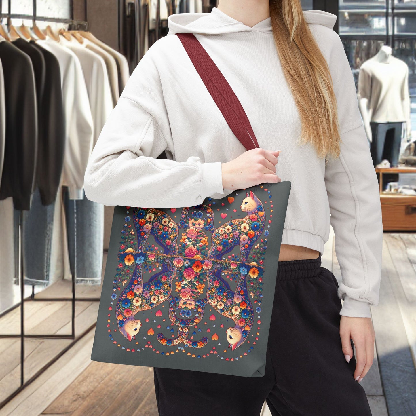 Mosaic Loving Cat Dark Gray Tote Bag (AOP)