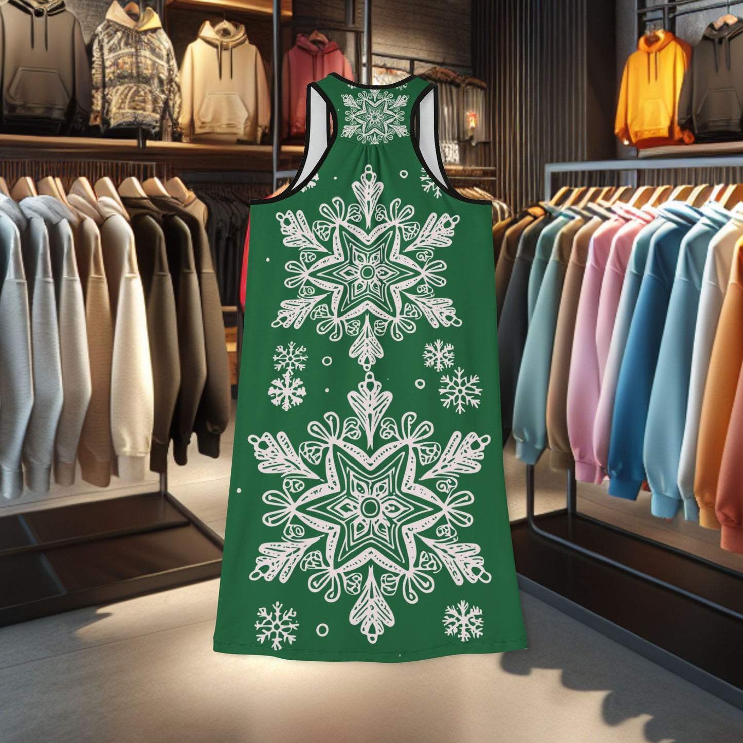 Festive Racerback Green Dress with Snowflakes