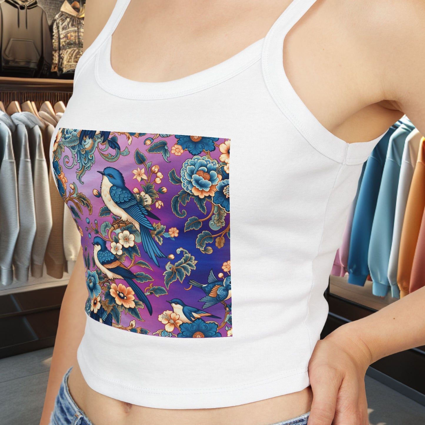 Tank Top Blue Birds in a Flower Garden Women's Spaghetti Strap