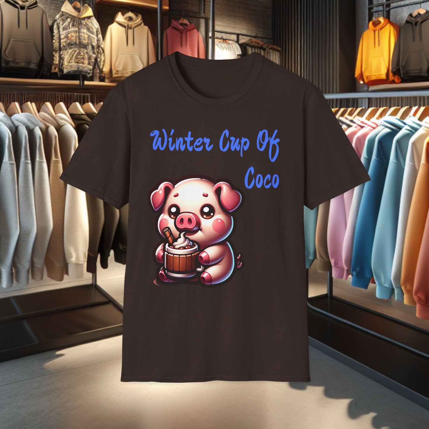 Pig Sipping on a Cup Of Coco Unisex T-Shirt - Winter Coco