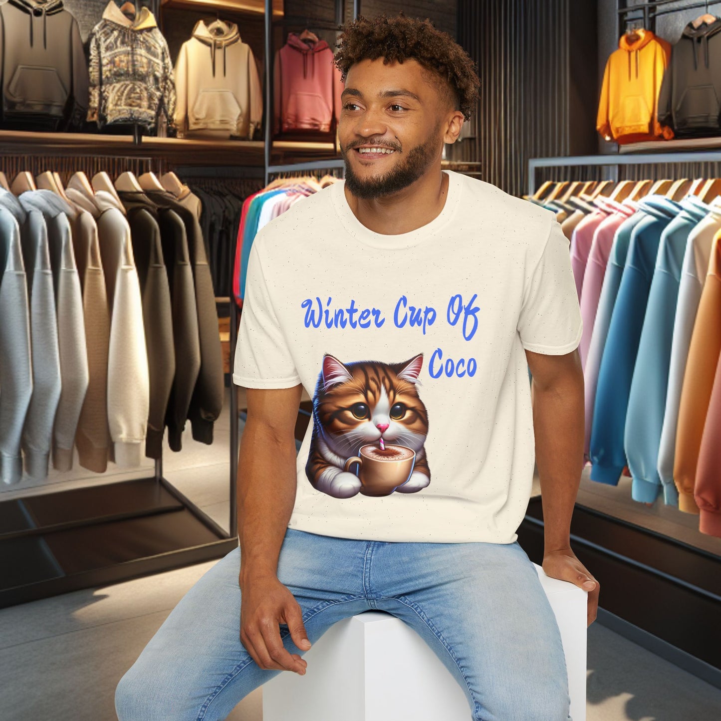 a Cat Sipping on a Cup Of Coco Unisex T-Shirt - Winter Coco