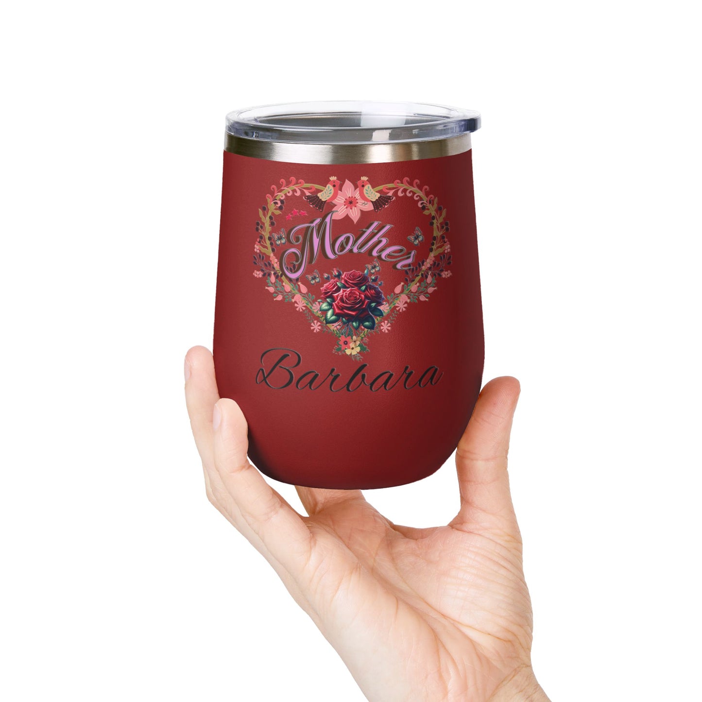 Personalized Mother’s Wine Tumbler - 12oz Floral Heart Design