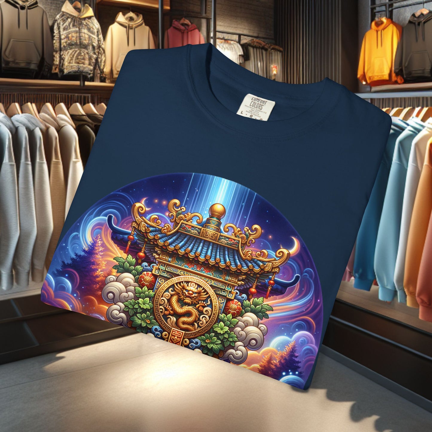 A Vibrant Mistic Temple Design -Unisex Garment-Dyed T-Shirt Perfect for Festivals & Everyday Wear