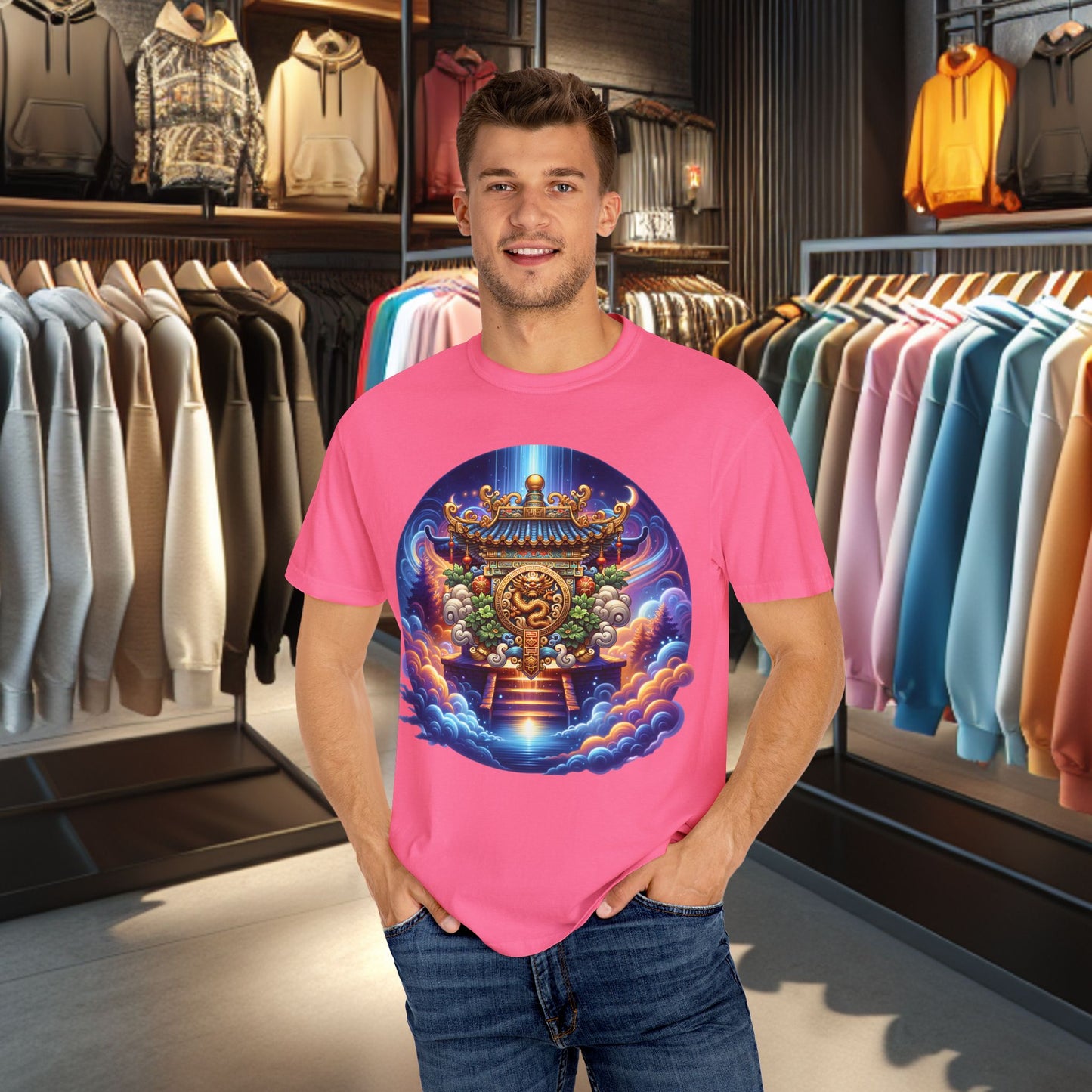 A Vibrant Mistic Temple Design -Unisex Garment-Dyed T-Shirt Perfect for Festivals & Everyday Wear