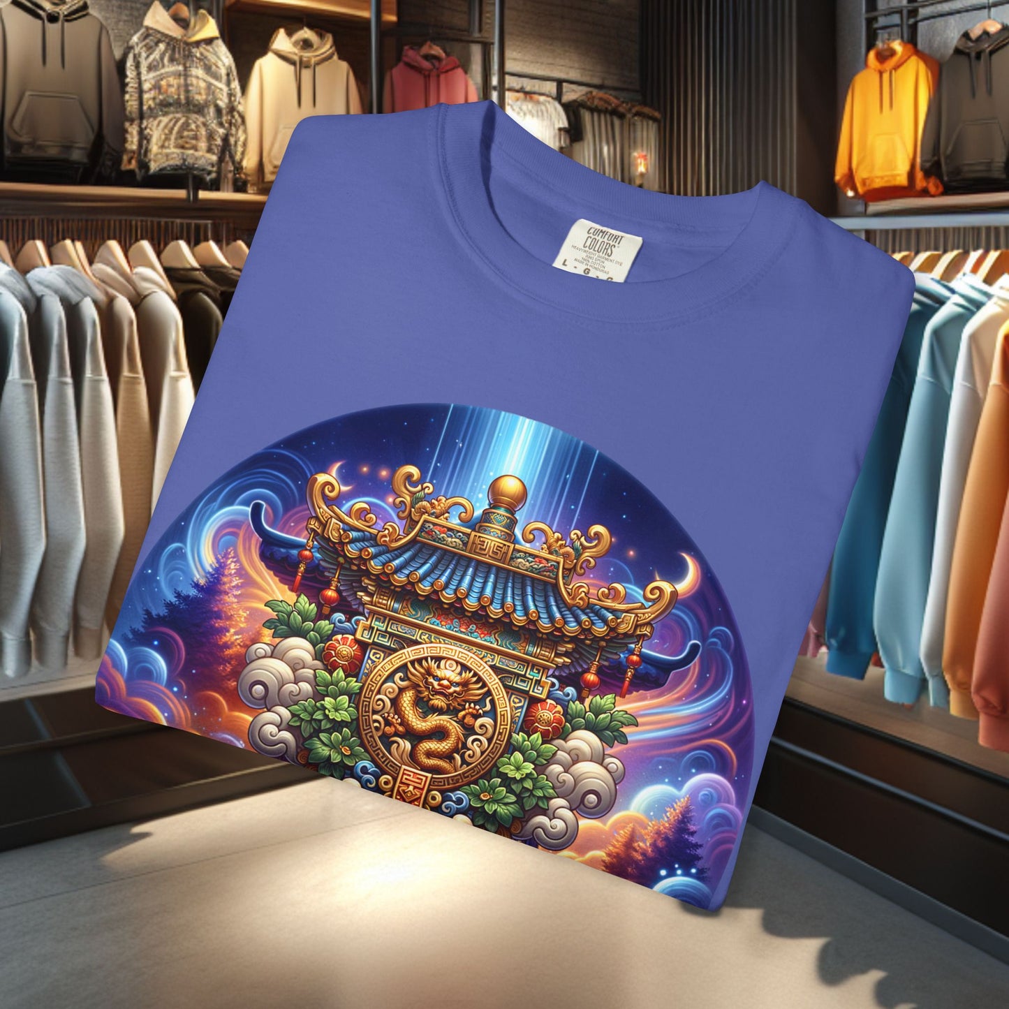 A Vibrant Mistic Temple Design -Unisex Garment-Dyed T-Shirt Perfect for Festivals & Everyday Wear