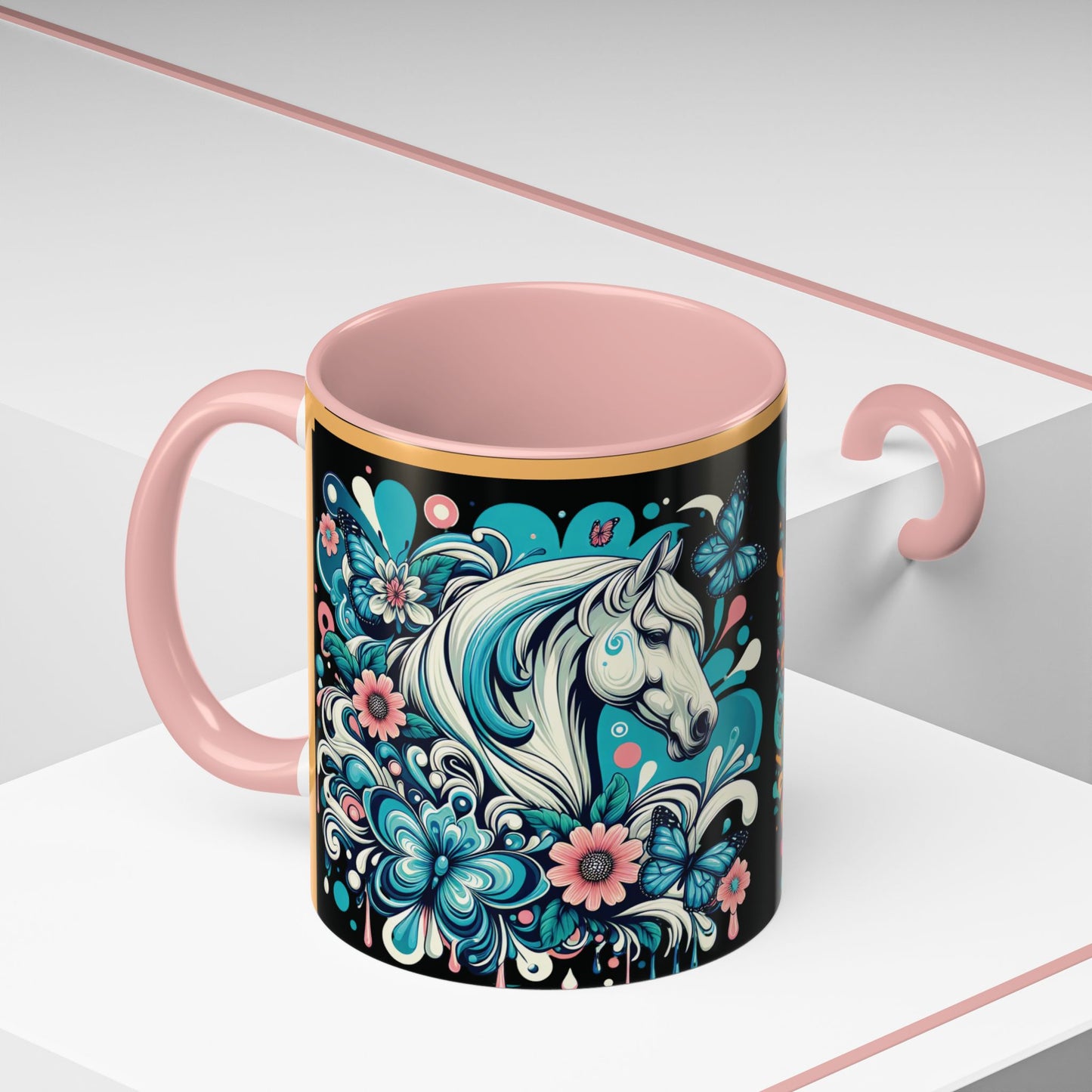 Coffee Mug White Horses with Blue Highlights in Flowers - Mug