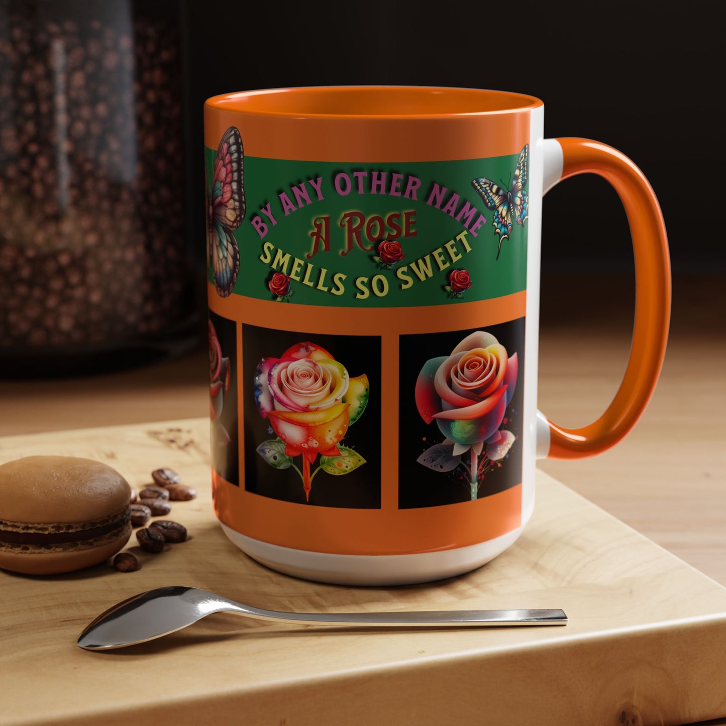Orange Mug - Floral Butterfly Accent Coffee Mug - 'By Any Other Name A Rose Smells So Sweet'