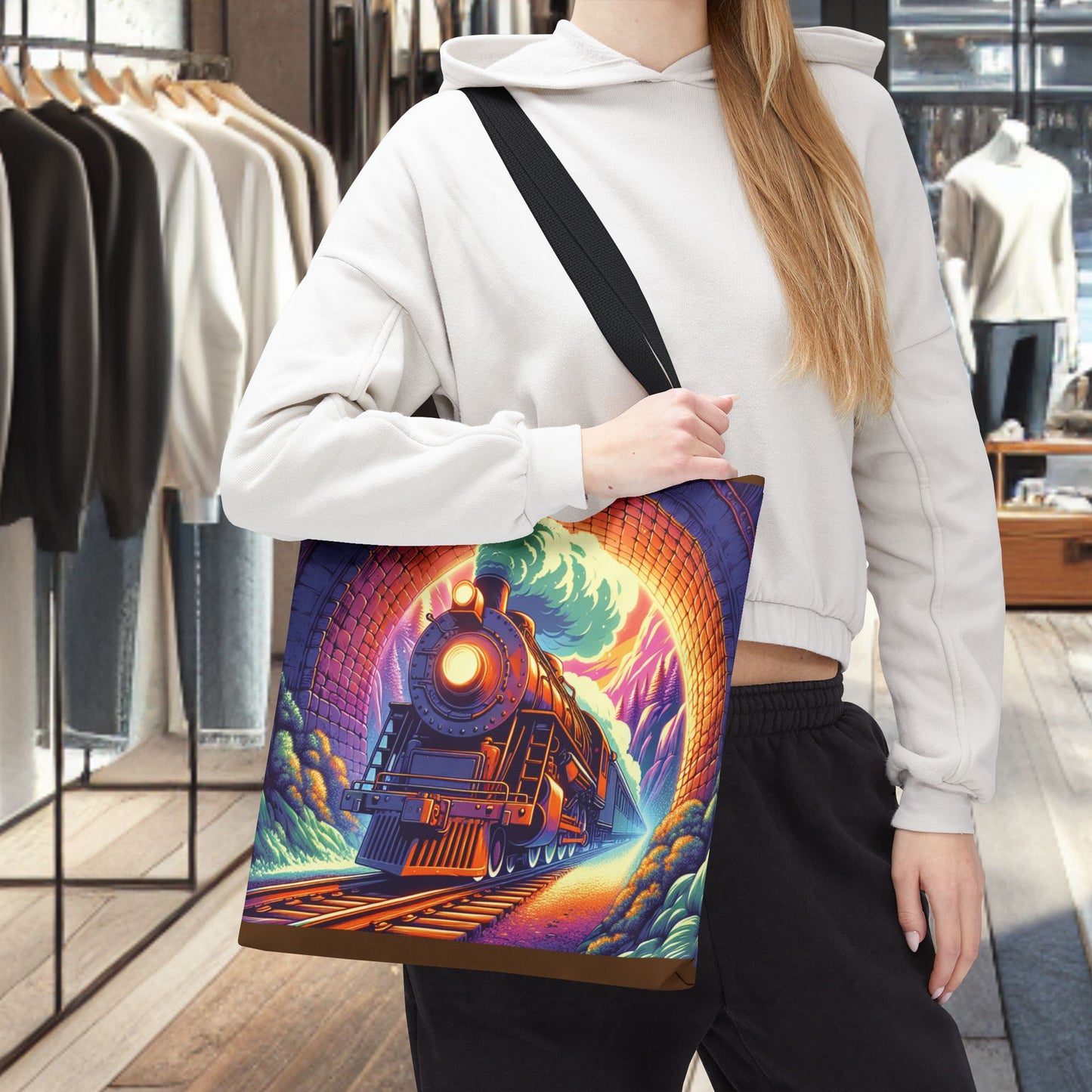 Steam Locomotive Tote Bag (AOP)- Vintage Train Tunnel Design