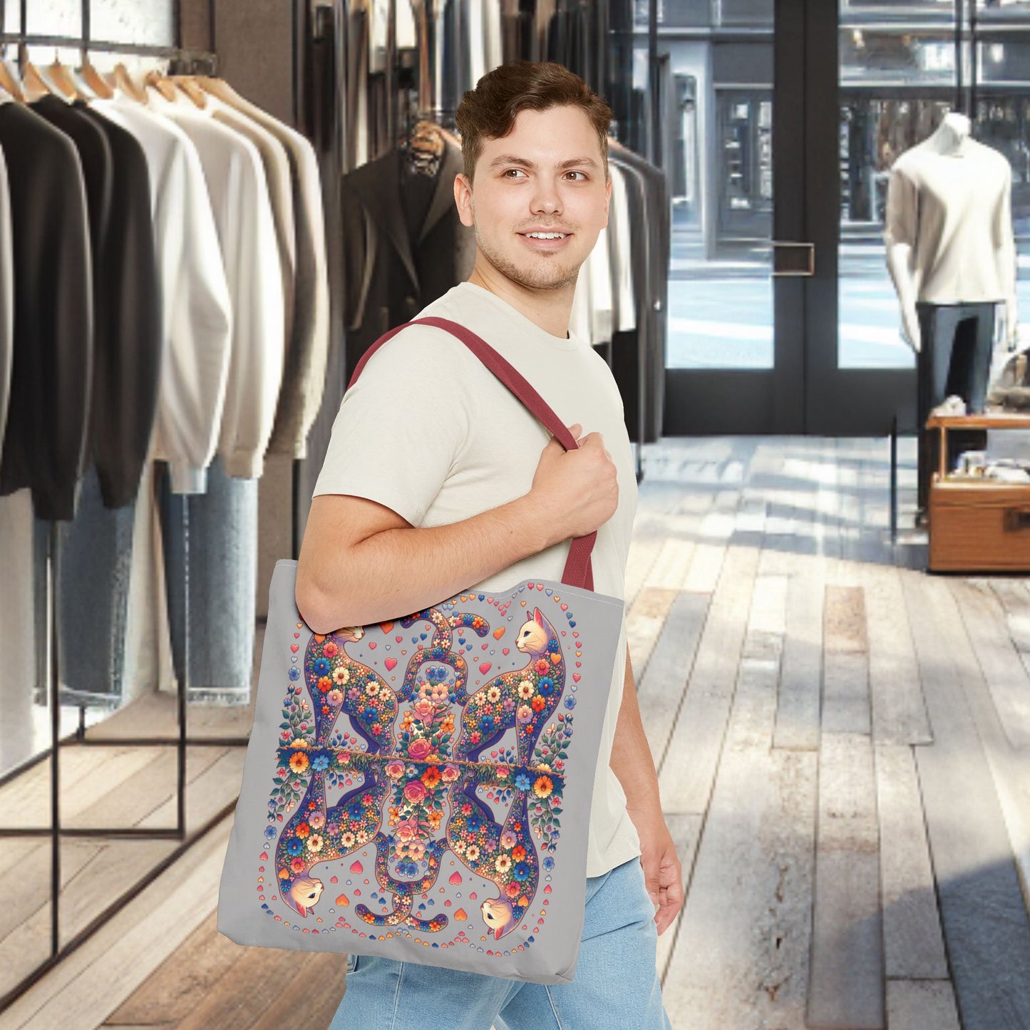 Mosaic Loving Cat Light Gray Tote Bag (AOP)