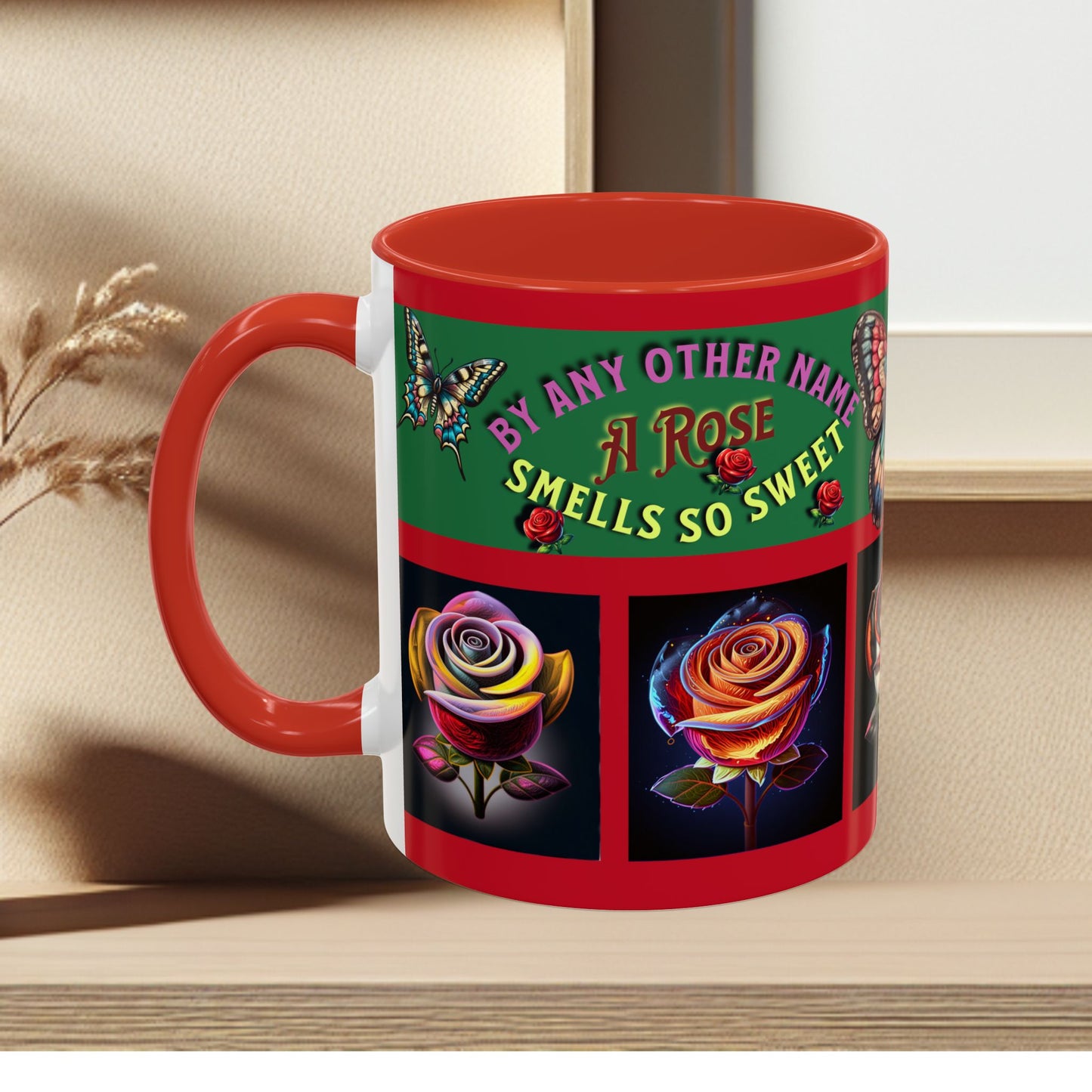 Red Mug - Floral Butterfly Accent Coffee Mug - 'By Any Other Name A Rose Smells So Sweet'
