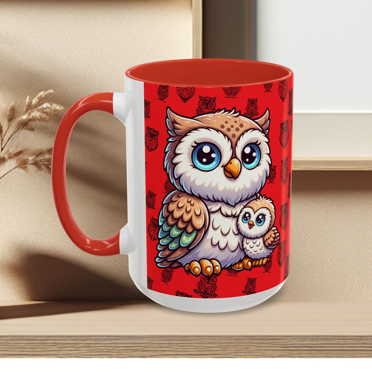 Red Coffee Mug - Owl Family - Colorful Inspirational Owl Design