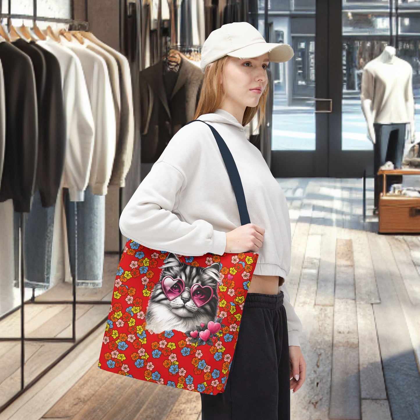 Kitty Ride Tote Bag with Flowered Red Design