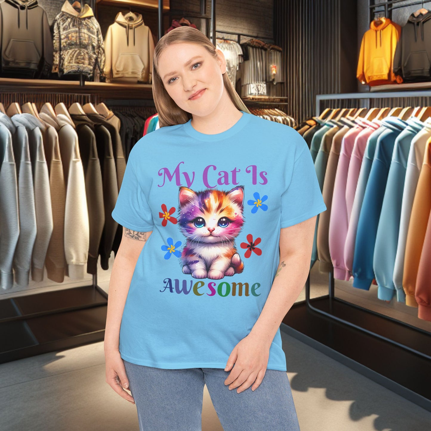 Awesome Cat Heavy Cotton Tee | Cat Lover Gift | Colorful Fun Shirt | Cute Animal Apparel | Perfect for Birthdays & Pet Lovers