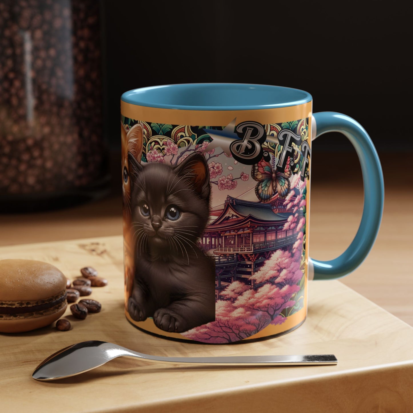 Mug - 3 B F F kittens and Butterflies Coffee Mug with Cherry Blossoms