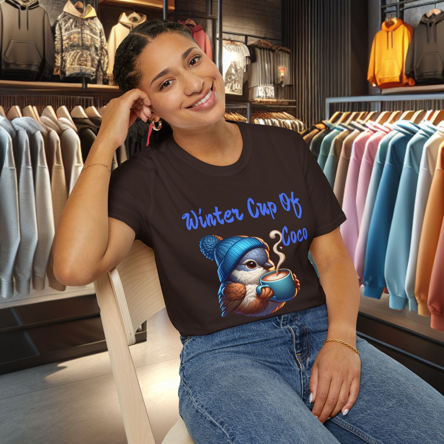 Blue Bird With a Cup Of Coco Unisex T-Shirt - Winter Coco
