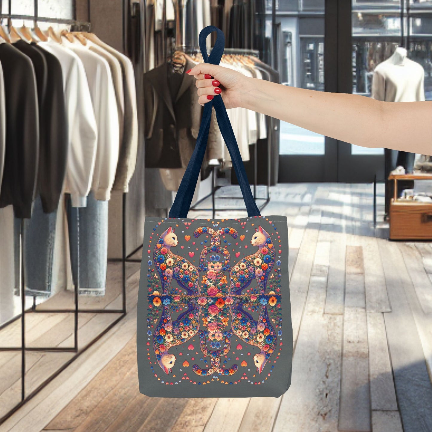 Mosaic Loving Cat Dark Gray Tote Bag (AOP)