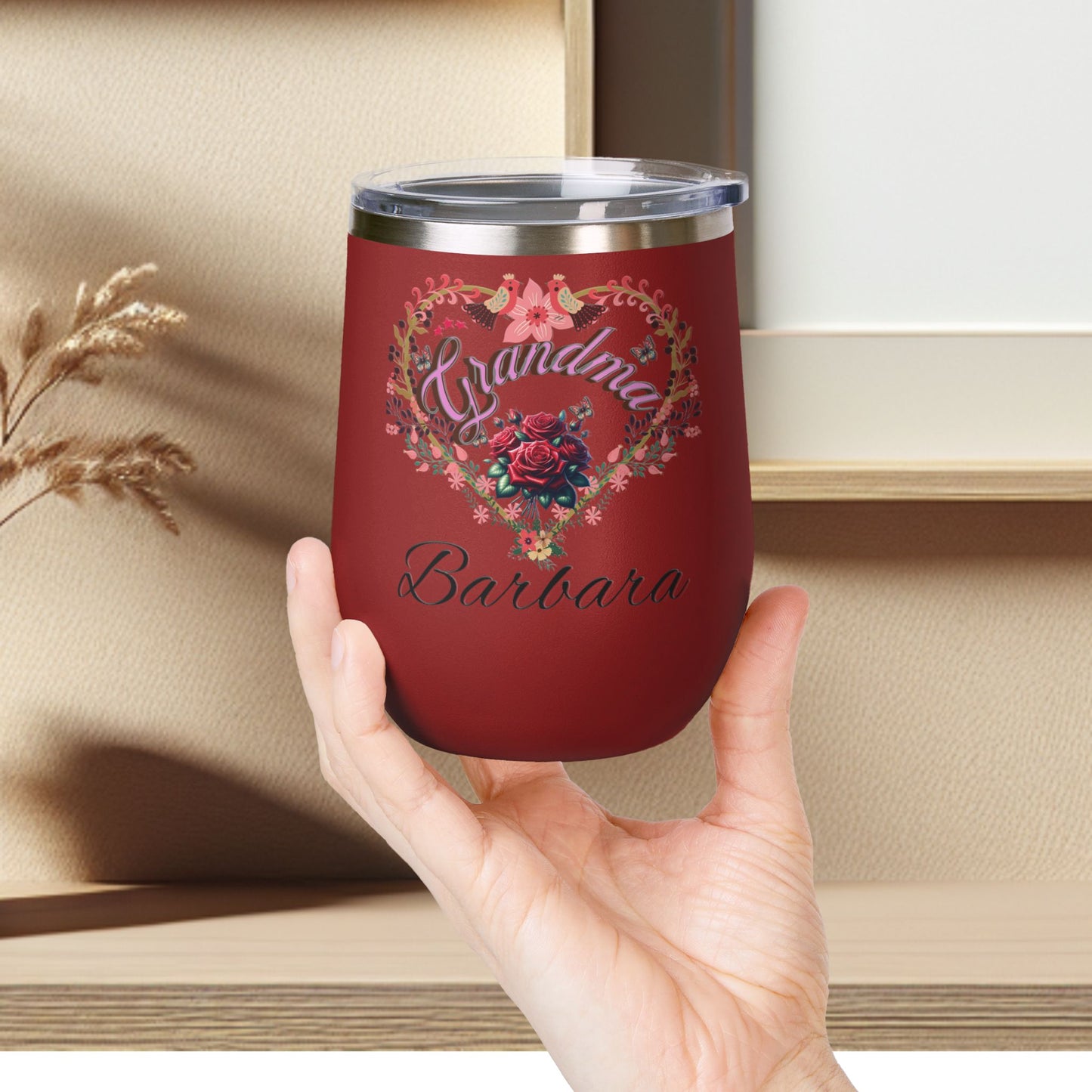 Personalized Grandma’s Wine Tumbler - 12oz Floral Heart Design