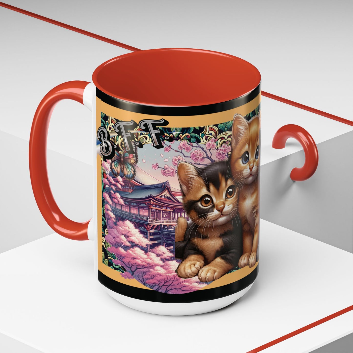 Mug - 3 B F F kittens and Butterflies Coffee Mug with Cherry Blossoms