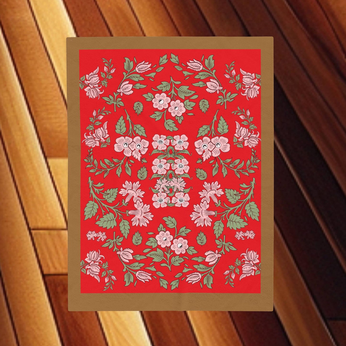 Floral Velveteen Plush Blanket - Pink Flowers Red Background